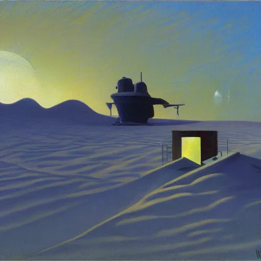 Image similar to refuge on arrakis, pj crook, grant wood, edward hopper, syd mead, chiaroscuro, oil on canvas