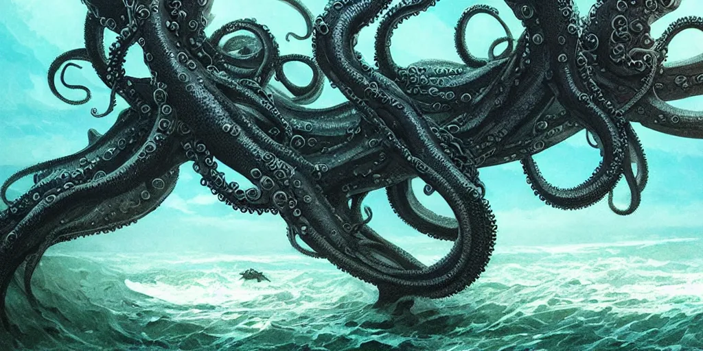 Image similar to a tentacled creature emerging from the ocean near an abandoned fishing village, large landscape ad night, high - key lighting, beautiful composition, intricate, gradient from green to black, pro photography by, highly detailed, matte pailting, art by artgerm and greg rutkowski and alphonse mucha, smooth, sharp focus illustration