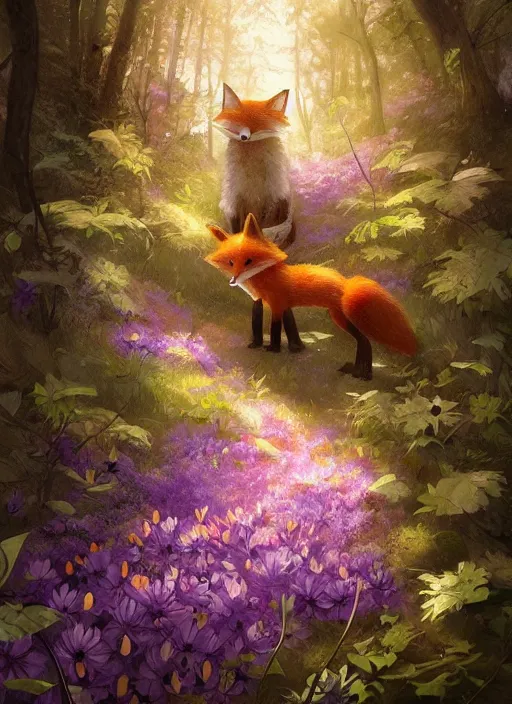 Image similar to Magical fox, sneaking in a forest, fantasy, painting, violet flowers, atmospheric, illustration, low angle, high quality, highly detailed, Marc Simonetti, Andreeva Katerina