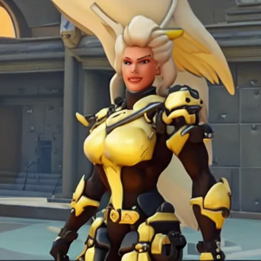 Image similar to a screenshot of arnold schwarzenegger as mercy in overwatch