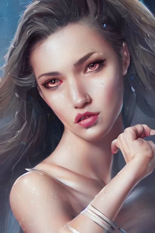 Image similar to three quarters portrait of a beautiful woman,super hero costume,heroic pose,highly detailed, digital painting,illustration, art by Stanley Lau