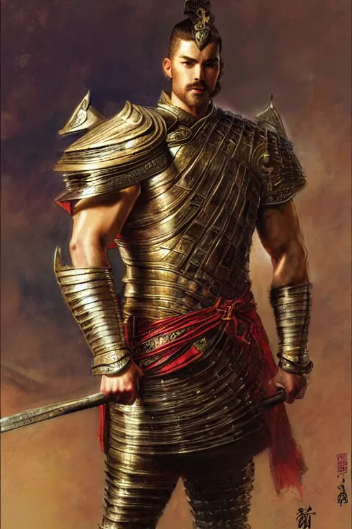 Image similar to attractive muscular male with armor, tang dynasty, three kingdoms, character design, dynamic lighting, cool and bright tint, painting by gaston bussiere, craig mullins, j. c. leyendecker, tom of finland