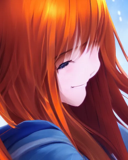 Image similar to happy cute teenage girl Portraits.Closeup of the pretty Anime girl's side face with her head slightly raised.Slightly curly Orange flowing hair .Shining highlights in Background.vivid color.digital 2D, painterly style, cinematic matte Illustration,trending on pixiv and artstation.Fine particles Red maple leaves fluttering in the air. anime wallpaper，Sunlight on the face.by Mika Pikazo，米山舞，Yoneyama Mai，Makoto Shinkai, VOFAN