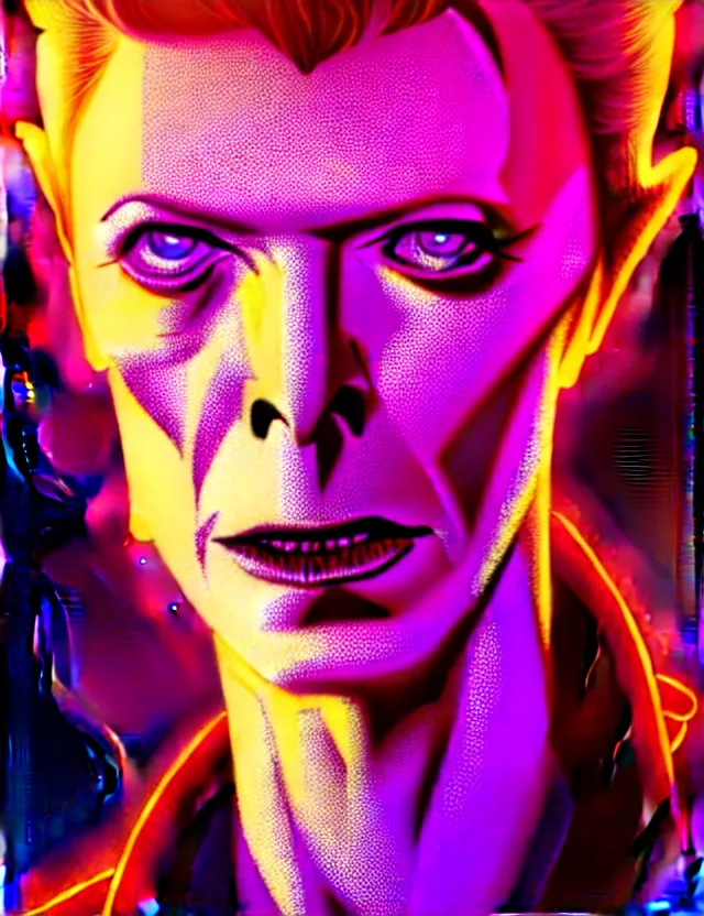 Image similar to portrait of david bowie, intricate, perfect anatomy, neon lighting, highly detailed, digital photography, artstation, stylish pose, concept art, smooth, sharp focus, illustration, art by artgerm and greg rutkowski