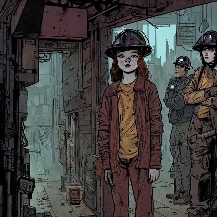 Image similar to a long queue to a big box / booth. sadie sink as a miner in the queue. storyboard, scifi cyberpunk. by gabriel hardman, joe alves, chris bonura. cinematic atmosphere, detailed and intricate, perfect anatomy