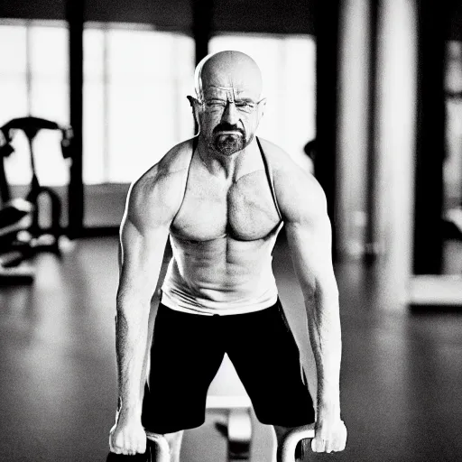 Image similar to “photograph of Walter white working out at the gym, 50mm bokeh, studio lighting, golds gym,”