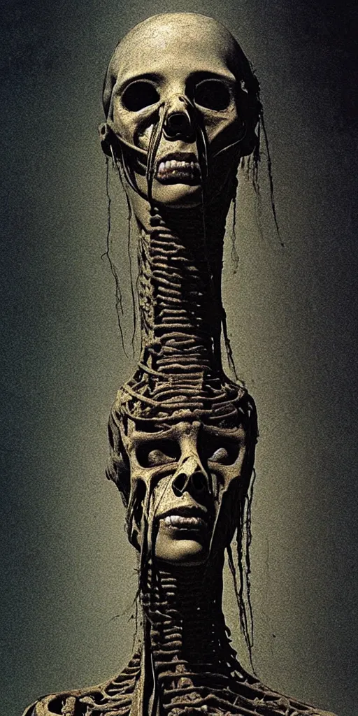 Prompt: illustration of Sirenhead, tall humanoid skeletal creature covered in mummified flesh with two old siren speakers for a head, highly detailed, cinematic atmosphere, dramatic lighting, horror, creepy, folklore, by Beksiński,