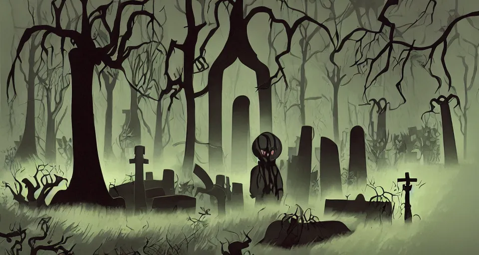 Image similar to Scene in a creepy graveyard from Samurai Jack by Genndy Tartakovsky and Eyvind Earle