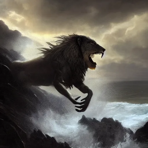 Prompt: A giant winged lion rising up out of a turbulent sea near a rocky shore, by Craig Mullins, very detailed, realistic, epic concept art, light, light Rays, cinematic stormy sky, trending on artstation, epic cinematography, epic composition