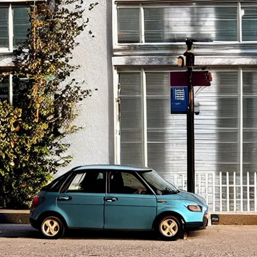 Prompt: a ((((((((((tiny)))))))))) car next to a mailbox