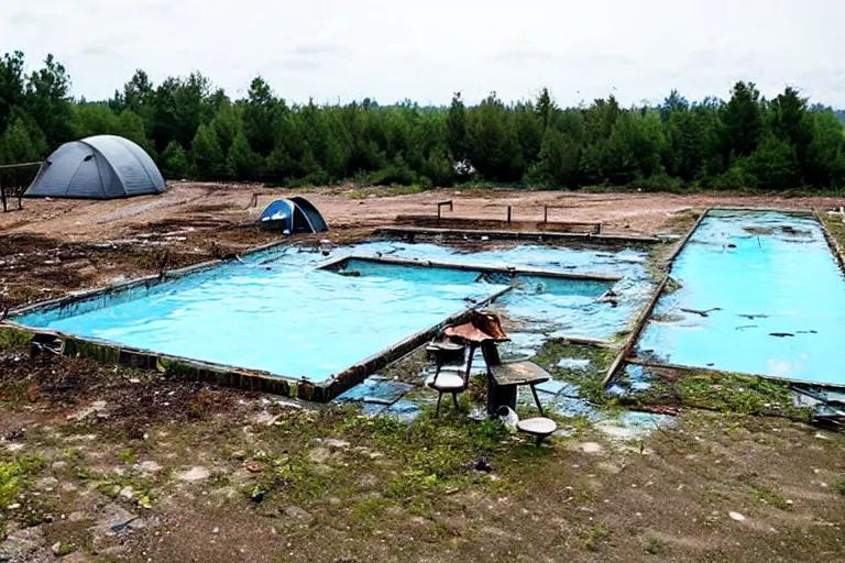 Prompt: post apocalyptic empty over grown swimming pool being used as shelter, barrel fires and tents