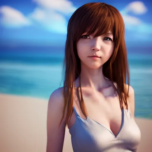 Prompt: Render of a very beautiful 3d anime girl, long hair, hazel eyes, cute freckles, full round face, short smile, cute sundress, silver tone, serene beach setting, medium shot, mid-shot, highly detailed, trending on Artstation, Unreal Engine 4k