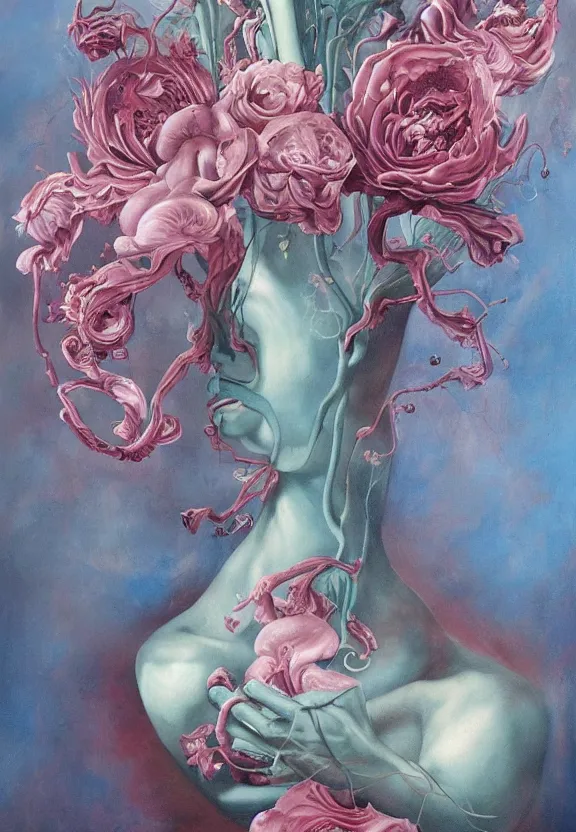 Image similar to a biomorphic painting of a vase with flowers and eyeballs in it, a surrealist painting by marco mazzoni, by dorothea tanning, pastel blues and pinks, lips, featured on artstation, metaphysical painting, oil on canvas, fluid acrylic pour art, airbrush art, seapunk, rococo, lovecraftian