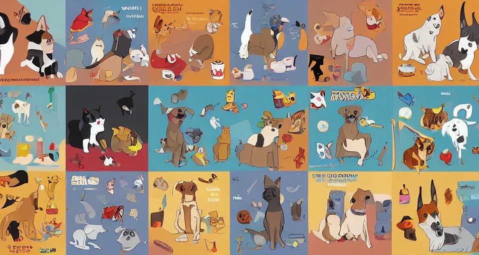 Image similar to a knolling of cartoon illustrations of dogs and cat, wimmelbuilder, superflat pop