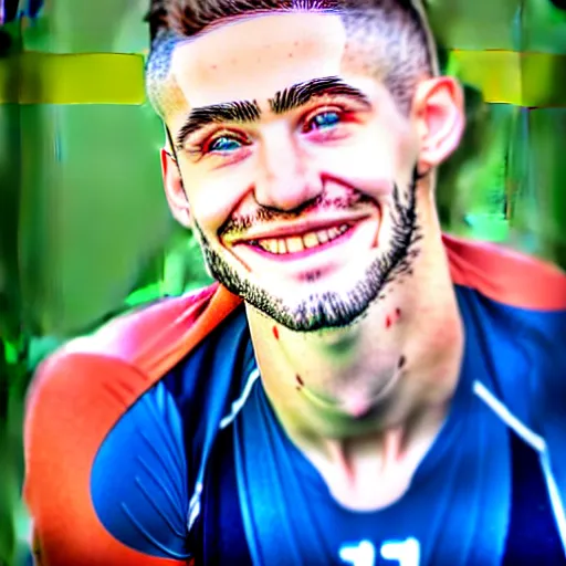 Image similar to a photographic portrait of a young Caucasian man smiling with short brown hair that sticks up in the front, blue eyes, groomed eyebrows, tapered hairline, sharp jawline, wearing a volleyball jersey, sigma 85mm f/1.4, 15mm, 35mm, 4k, high resolution, 4k, 8k, hd, highly detailed, full color, Kodak Kodachrome Film