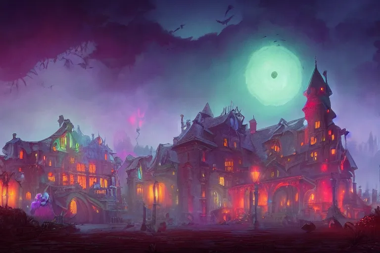 Prompt: matte painting, haunted mansion, infographic with illustrations!!!, glowing lights, epic fantasy, colorfully, digital art, highly saturated colors, concept art, detailed illustration, hd, 4 k, digital art, greg rutkowski, dan mumford, studio ghibli trending on artstation