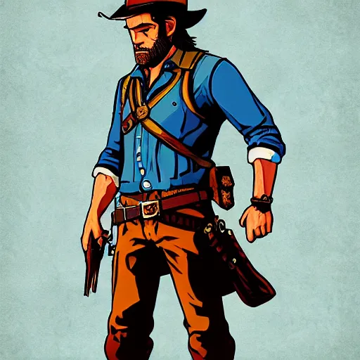 Image similar to Arthur Morgan from Red Dead Redemption 2 drawn in the style of The Legend of Zelda: Breath of the Wild, cel-shaded