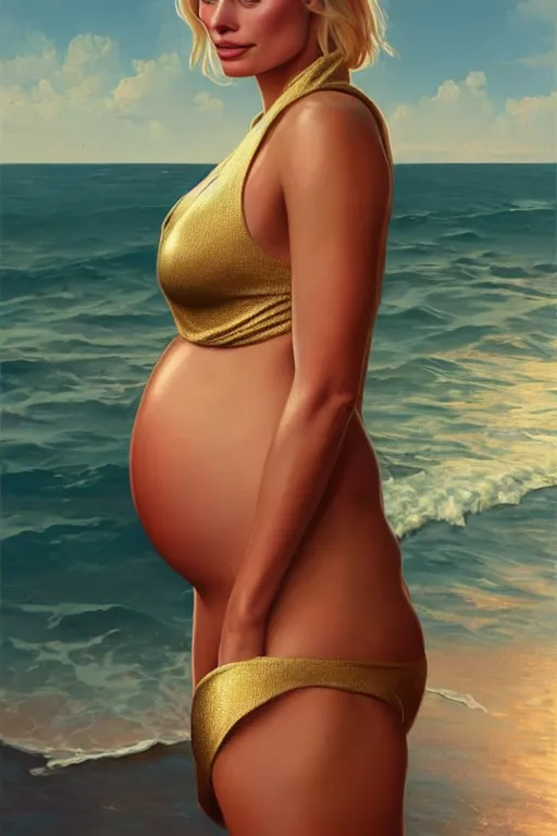 Image similar to pregnant margot robbie in a gold bikini, realistic portrait, symmetrical, highly detailed, digital painting, artstation, concept art, smooth, sharp focus, illustration, cinematic lighting, art by artgerm and greg rutkowski and alphonse mucha