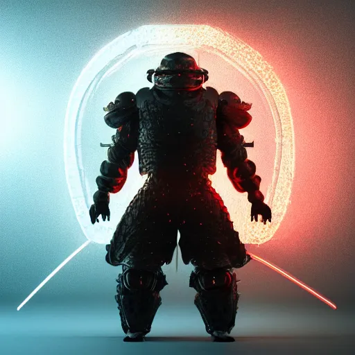 Prompt: a photo of a huge wide toad in a futuristic armor with glowing katana sword, cyberpunk, hyper realistic, hyper detailed, volumetric lightning, grainy film, octane render, 8k, raytracing