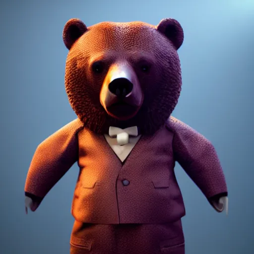 Prompt: A full shot 3D render portrait of a Bear in a tuxedo. Unreal Engine 5. DAZ. Octane render. Symmetrical. Attention to detail. Vibrant bright colours. High saturation. Extremely moody lighting. Atmospheric. Cinematic. Intricate. 8K. Stunning. Breathtaking. Awe-inspiring. Award-winning. Concept art. Trending. ArtStation