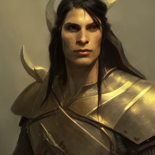 Image similar to character design, portrait of a attractive half elf half orc male with long black hair and proeminent cheekbones, medieval, dark armor, tribal, painting by wlop, nixeu and greg rutkowski, beautiful, cgsociety, semirealism, artstation, octane render, sharpness, 8 k, golden ratio