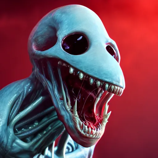 Image similar to alien, big head, open mouth, horrifying, killer, skull looking, dramatic pose, blood splatters, 8 k, hyperrealistic, octane render, dramatic