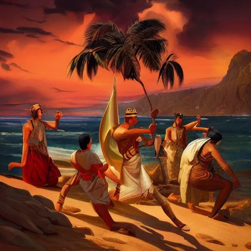 Prompt: Phoenician sailors discovering the Americas, pulp art, trending on artstation, dramatic, epic