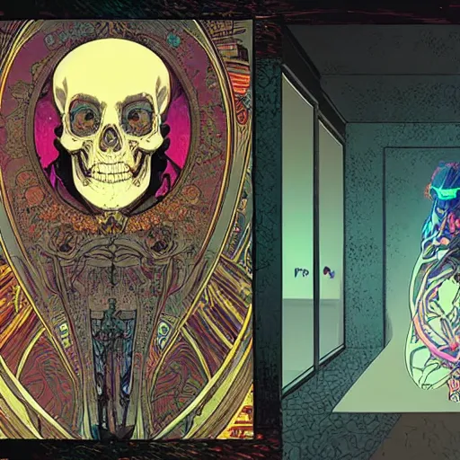 Image similar to cyberpunk skull merged with thousand cherries night sky art moebius alphonse mucha futuristic hi-tech details door in background loading screen