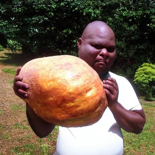 Prompt: fat man holding the worlds largest yam