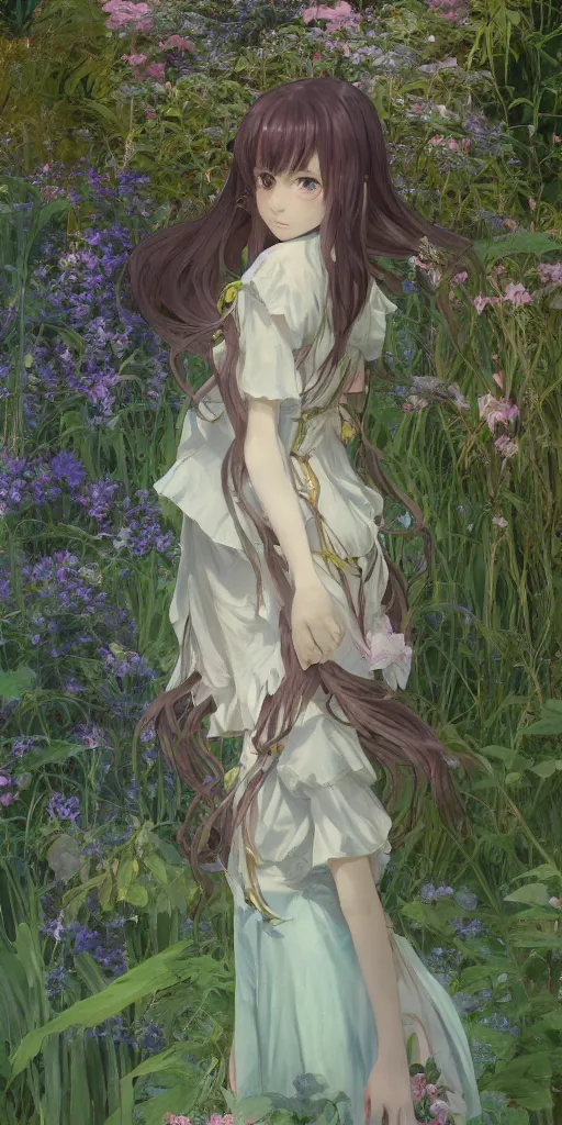 Image similar to a digital art of a loli with long hair in a dress in the privet garden at after noon, green and warm theme, back lighting, by krenz cushart and mucha and akihito yoshida and greg rutkowski and makoto shinkai, extremely long shot, detailed eyes, 4 k resolution, trending on art station