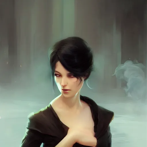 Image similar to Elegant woman with black hair, smoke around her, high detail, concept art background by john harris + andreas rocha, artwork by charlie bowater + artgerm + anato finnstark + ross tran