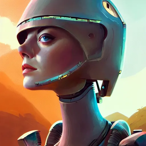 Prompt: beautiful Emma Stone as a robot, western, closeup, D&D, fantasy, intricate, elegant, highly detailed, digital painting, artstation, concept art, matte, sharp focus, illustration, art by Simon Stålenhag