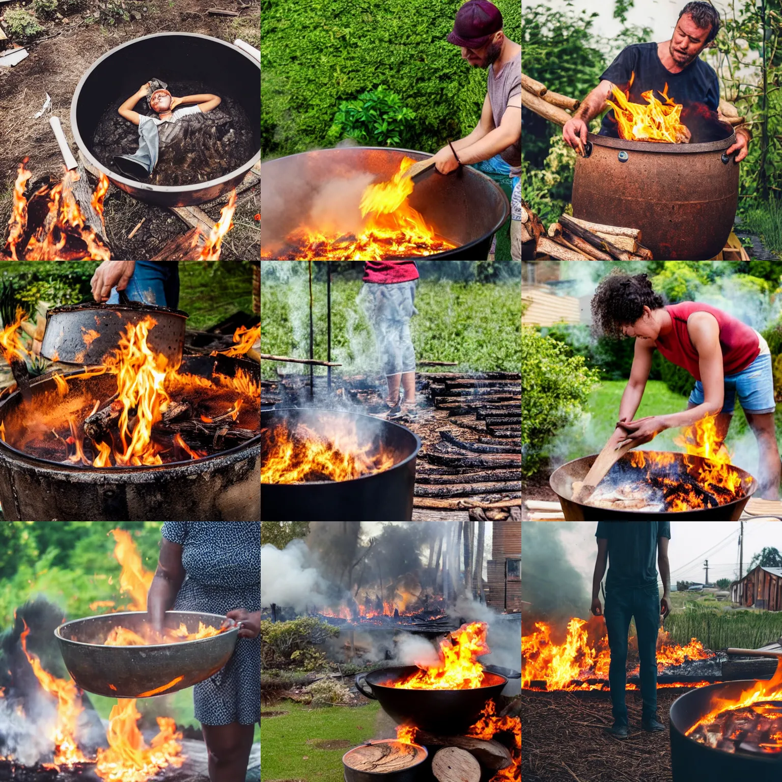 Prompt: Photo of a person half immersed in a very large cooking pot laid on burning wood in front of a garden.