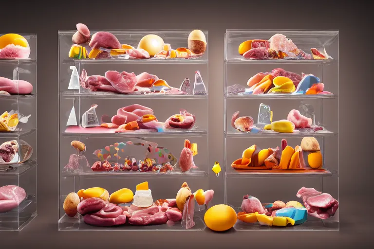 Prompt: beautiful transparent and translucent meaty pastel hotdogs, ice cream cones, eggs made of raw meat and marbled stone, levitating colorful plastic vending machine toys, clouds of vivid horse-hair wigs, plasticized spiral flames, Rembrandt, baroque, chiaroscuro, 8K photorealistic, Studio lighting, Low key lights