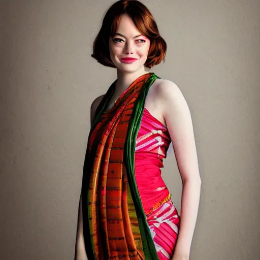 Prompt: Portrait of Emma Stone wearing assamese bihu mekhela sleeveless silk saree, face by Artgerm, XF IQ4, 250MP, 50mm, F1.4, ISO 200, 1/250s, natural light, Adobe Lightroom, photolab, Affinity Photo, PhotoDirector 365, model photography by Steve McCurry in the style of Annie Leibovitz, intricate, elegant, highly detailed,sharp focus