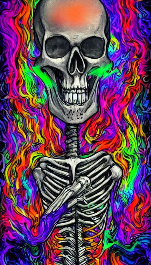 Prompt: skeleton vaping with psychedelic background