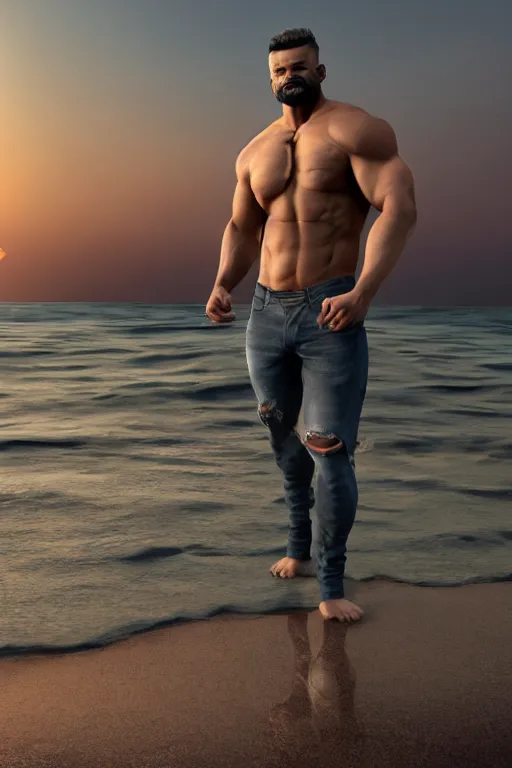 Image similar to a very muscular and defined man wearing ripped pants and shirt looking to the sea at sunset, godrays, complementary colors, natural lighting, portait image, path tracing, serene landscape, high quality, highly detailed, 8K, soft colors, warm colors, turbulent sea, high coherence, anatomically correct, hyperrealistic, concept art, defined face, five fingers