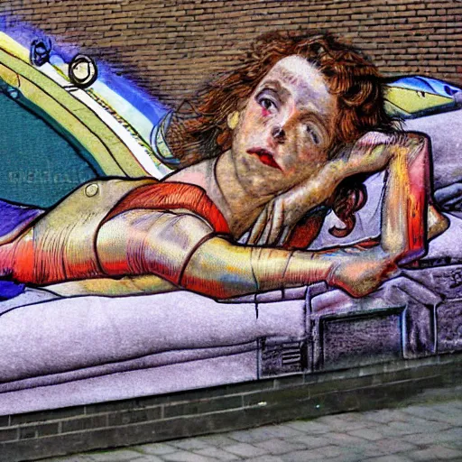 Prompt: by randolph caldecott chromatic aberration terrifying. a street art of a woman reclining on a bed.