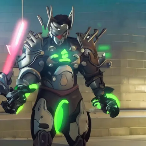 Image similar to a screenshot of arnold schwarzenegger as genji in overwatch