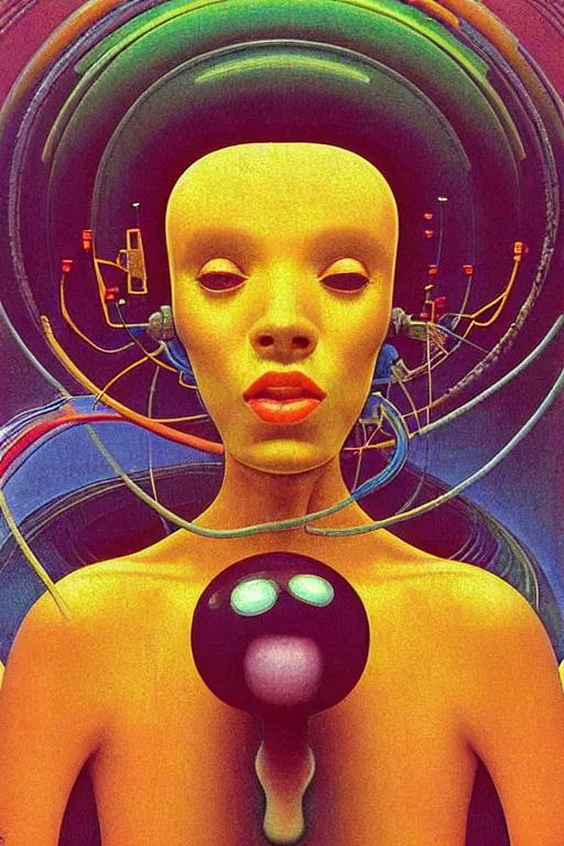 Image similar to 8 0 s art deco close up portait of mushroom head with big mouth surrounded by spheres, rain like a dream oil painting curvalinear clothing cinematic dramatic cyberpunk fluid lines otherworldly vaporwave interesting details epic composition by basquiat james jean artgerm rutkowski moebius francis bacon gustav klimt