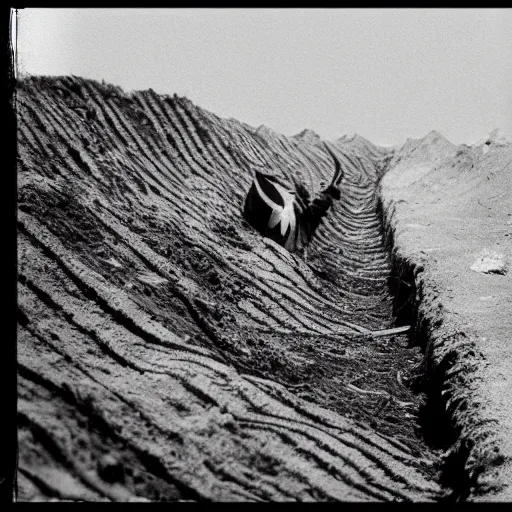 Prompt: tilt shift zebra pondering over a dug out trench wwi, dramatic light, zdzidaw, ultrafine, hyperrealistic, vintage, retro, 3 5 mm film still, movie