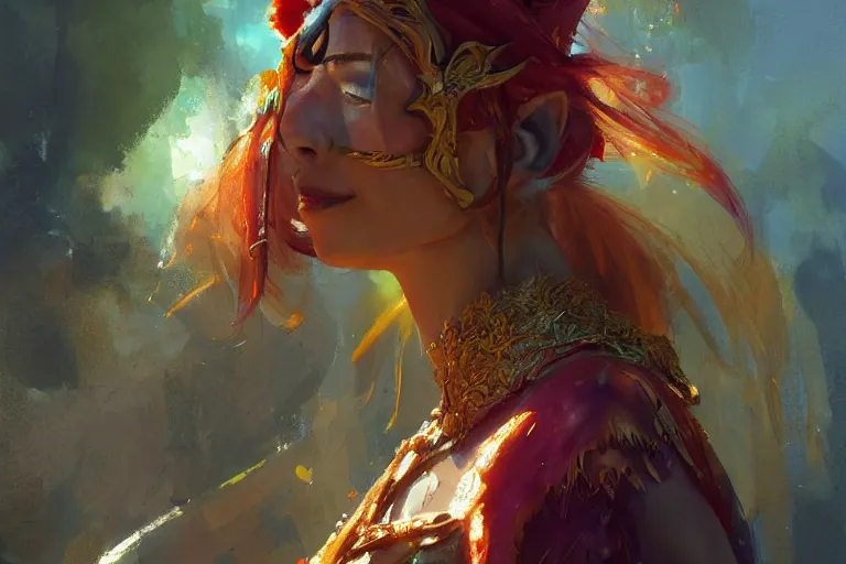 Image similar to A bright, happy painting of an elven queen by Craig Mullins, beautiful, hyperrealistic, professional, dramatic lighting, extremely high detail, trending on artstation