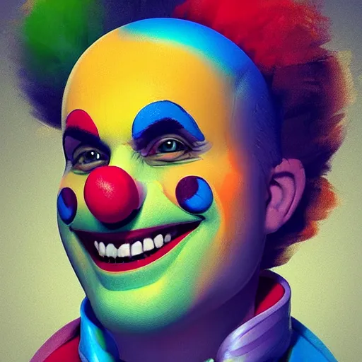 Image similar to Portrait of a colorful happy joyful funny smiling clown, artstation, cgsociety, masterpiece