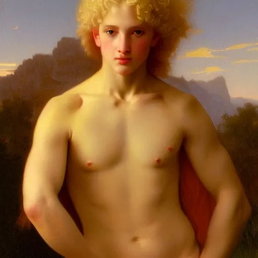 Image similar to PORTRAIT Painting of an albino germanic young androgynous Apollo. LONG CURLY light blond hair. Sharp angular clean shaven face high cheekbones hooked nose. Art by william adolphe bouguereau. During golden hour. Extremely detailed. Beautiful. 4K. Award winning.