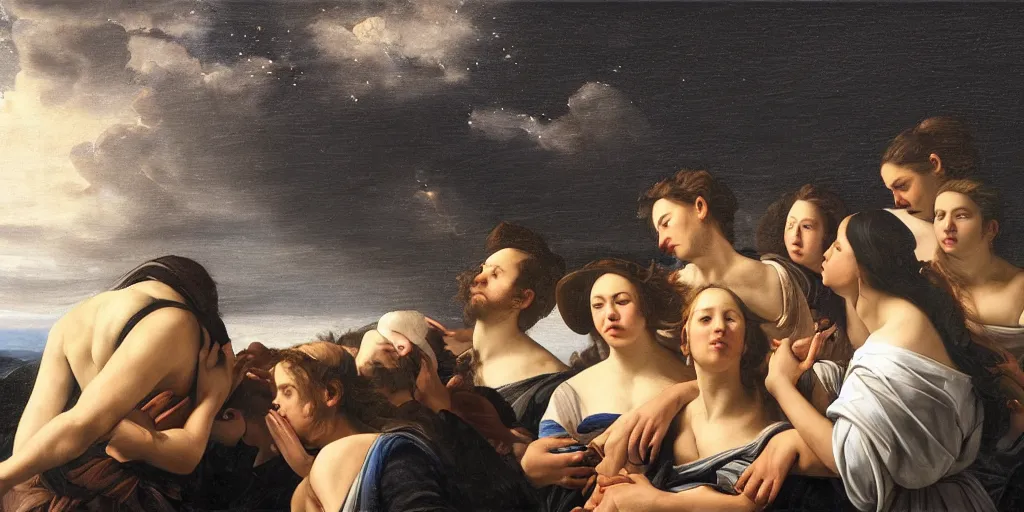 Prompt: beautiful oil matte portrait painting, people looking into the sky at the edge of a cliff watching the stars, wonderful masterpiece highly detailed, beautiful cinematic light deep focus, elegant, digital painting, smooth, sharp focus, golden ratio, dramatic illumination, ultra realistic, 8 k, art by artemisia lomi gentileschi and caravaggio