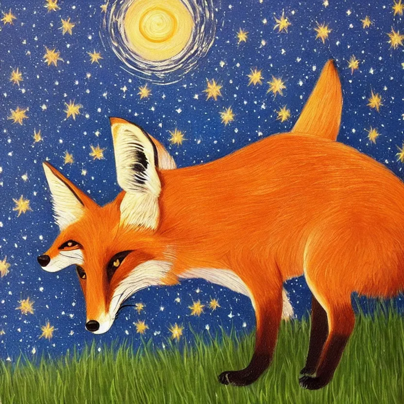 Image similar to a centred painting of a fox looking up at the stars in the style of Starry Night, highly detailed