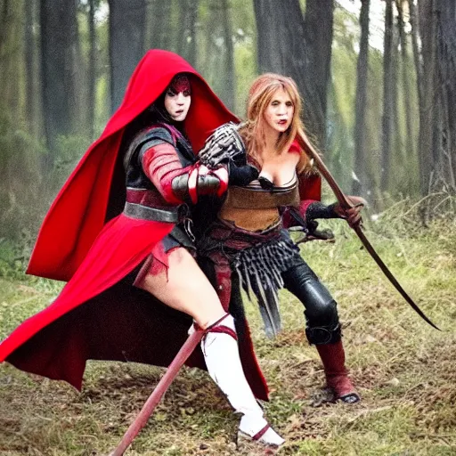 Image similar to red riding hood female warrior fending off a werewolf