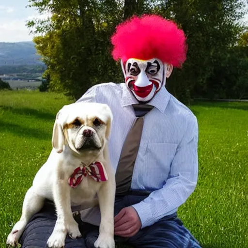 Prompt: photo of a clown with the face of a dog