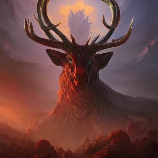 Prompt: giant warrior stag in a vortex of rock, 8 k resolution fantasy painting, red eyes, cinematic lighting, deviantart artstation, jason felix steve argyle tyler jacobson peter mohrbacher