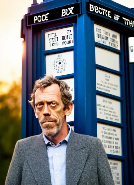 Image similar to dslr photo portrait still of hugh laurie as doctor who in front of the tardis at sunset, 8 k, 8 5 mm f 1. 4